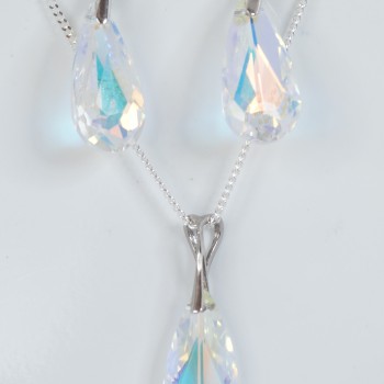 Sterling Silver Swaroski Teardrop Lemon Coloured Pendant and Chain with Matching Drop Earrings